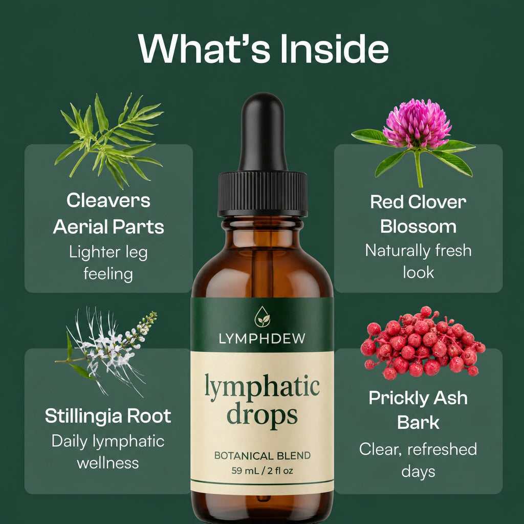 LymphDew featured botanicals: cleavers, red clover, stillingia and prickly ash