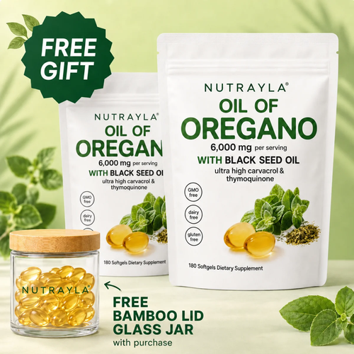 NUTRAYLA Oregano and Black Seed Oil softgel pouch with complimentary glass jar